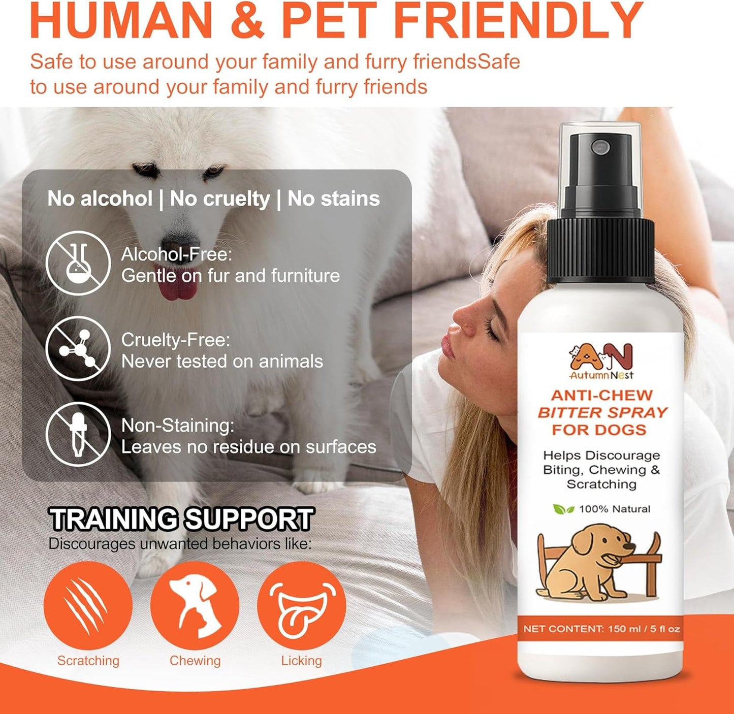 Anti-Chew & No-Go Dog Spray – 150ml Large Bottle – Helps Deter Chewing, Biting & Scratching – Safe for Furniture, Shoes & Carpets – Natural Bitter Formula for Dogs & Puppies