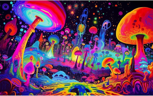 Fantasy Mushrooms Aquarium Background Abstract Mysterious Mushroom Landscape Terrarium Background Amazing Rainbow Mushrooms Theme Fish Tank Backdrop Poster Wallpaper Decorations Vinyl 48x20in