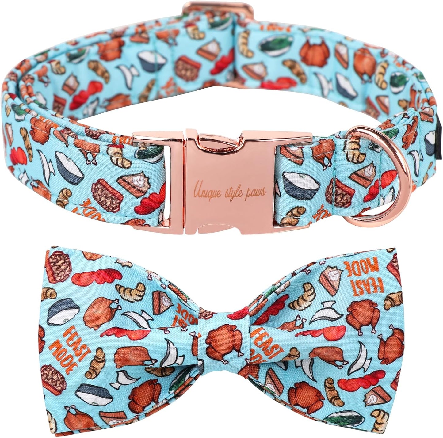 Unique Style Paws Thanksgiving Day Dog Collar with Bow Blue Turkey Cotton Puppy Collars for Small Medium Large Dogs