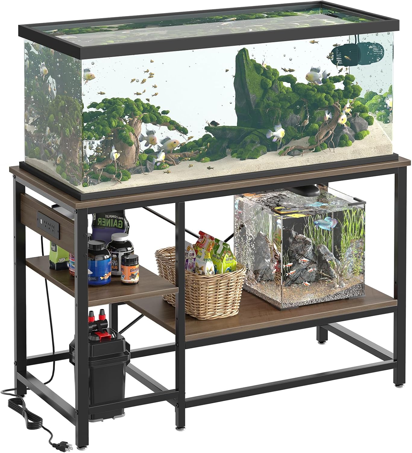 55 Gallon Fish Tank Stand with Charging Station, 49.2x13.8 Metal Aquarium Stand with 3-Tiers Adjustable Storage Shelves, 6-Legs Reptile Terrarium Stand, 700 LBs