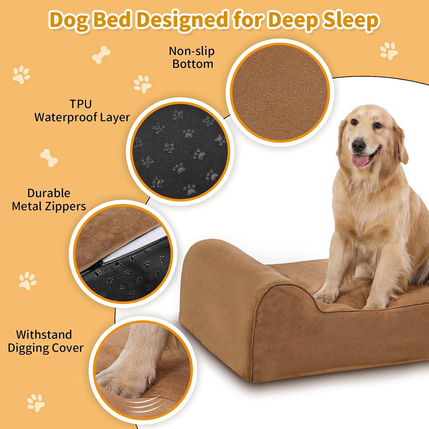 Large Orthopedic Dog Bed, 7" Memory Foam with Waterproof Liner, Chew Resistant Microsuede Cover, Removable and Washable, for Indoor, Outdoor, and Car Use, Nonskid Base, 60"x48" XXL Khaki