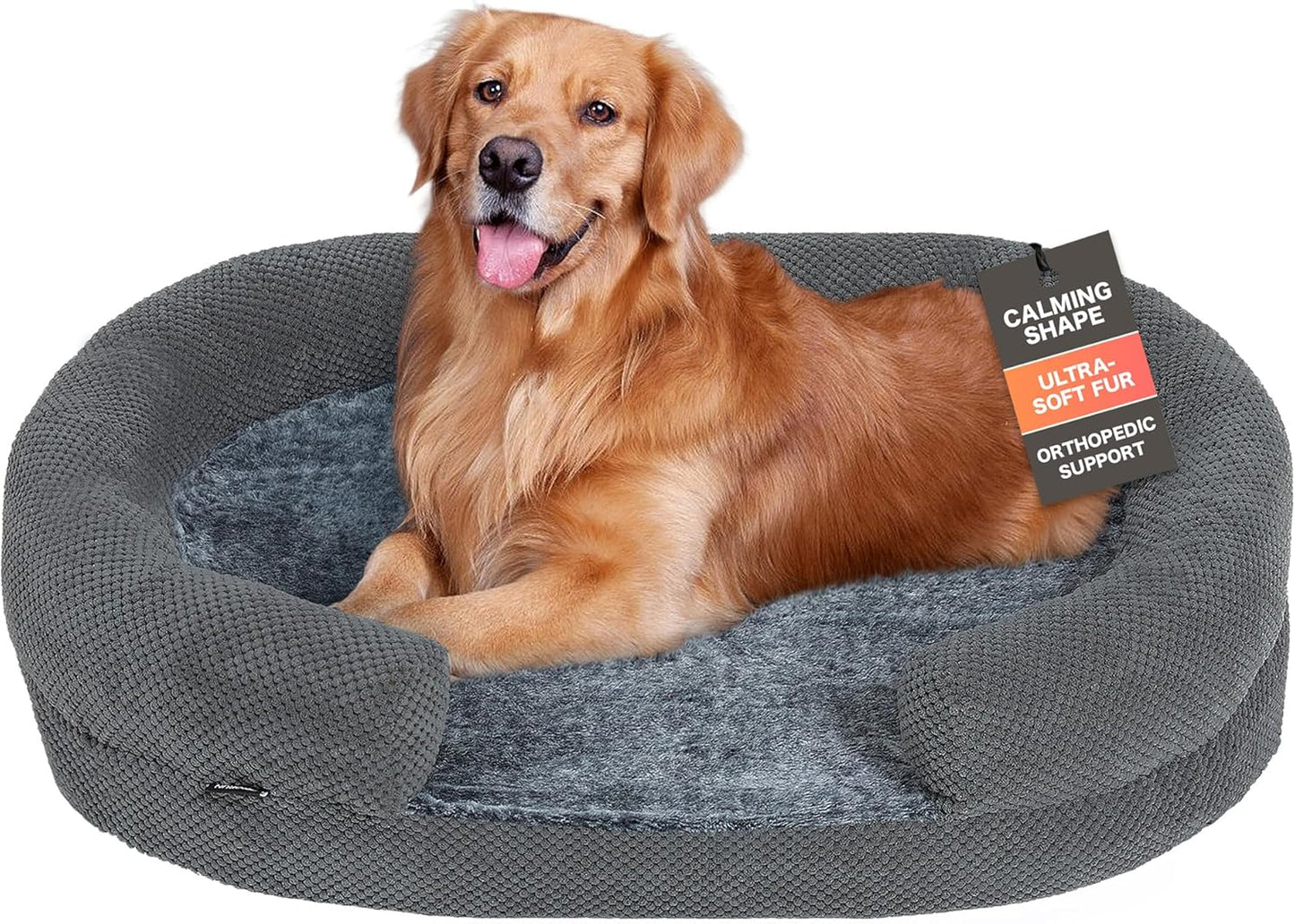 Orthopedic Dog Bed for Large Dogs, Egg Crate Memory Foam Fur Sofa with Comfortable Sides, Soft and Big Dog Couch Bed with Washable Removable Cover and Non-Slip Oval Bottom, 43" Grey