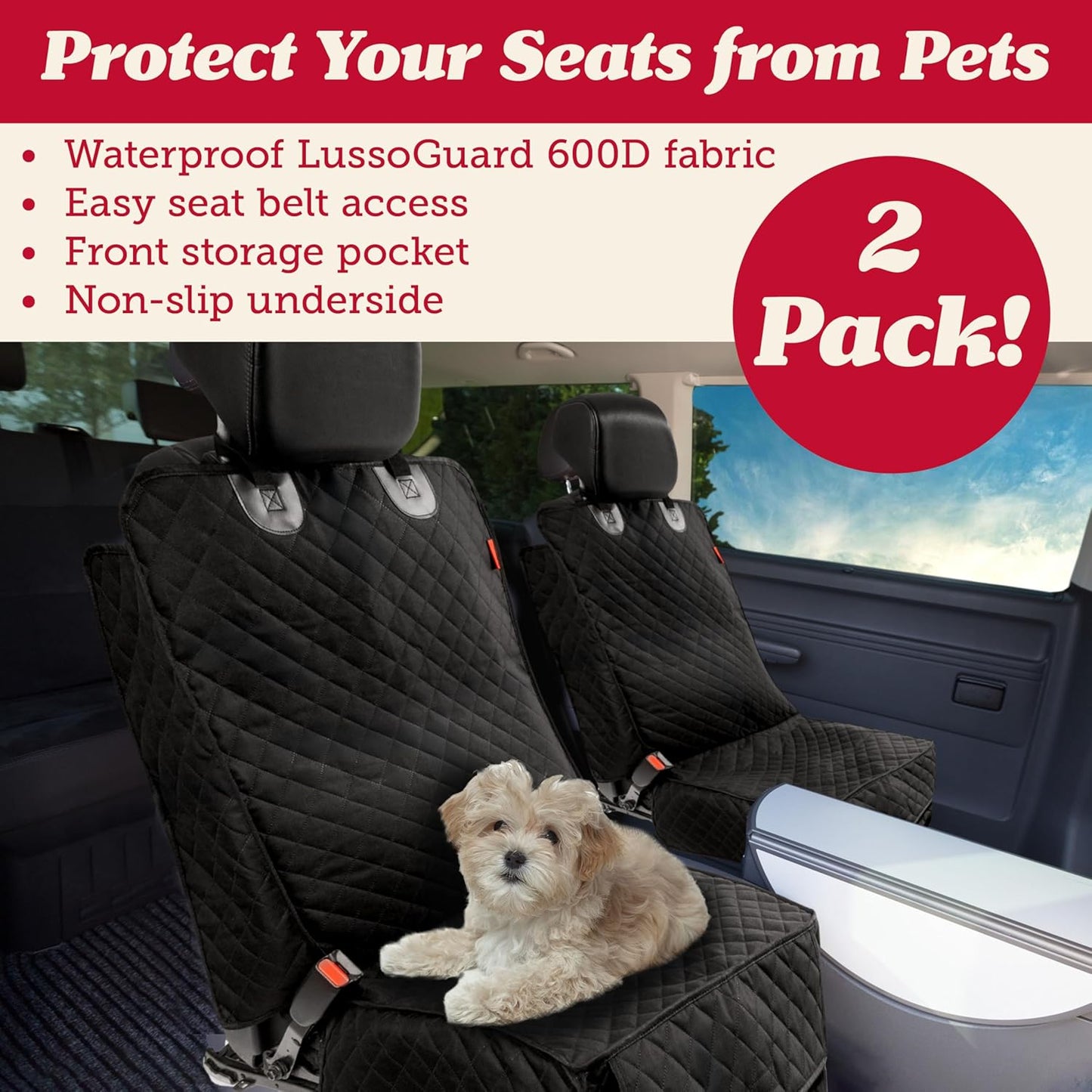 Lusso Gear Dog Car Seat Cover for Front Seat (2 Pack) - 100% Waterproof, Nonslip - Full Protection for Passenger Chair, Captain Chairs - Rear Seat Protector for Dogs - Fits Cars, Trucks, SUVs
