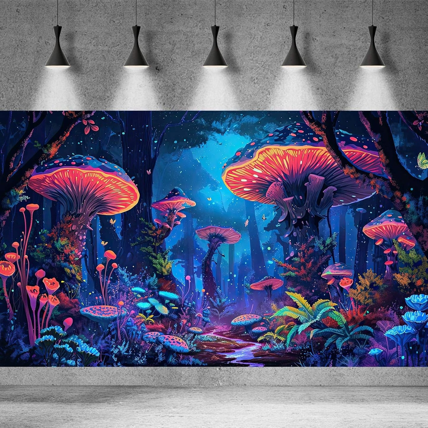Mushrooms Aquarium Background Fantasy Bright Flowers Butterflies Fish Tank Backdrop Decoration Poster Trippy Wonderland Landscape with Giant Mystical Mushrooms Terrarium Background Decor 30x12in
