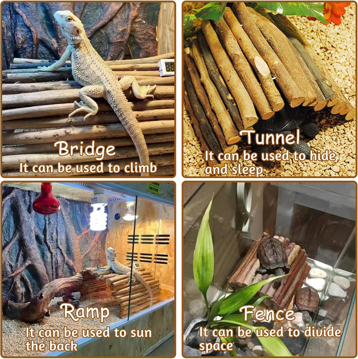 BNOSDM 2PCS Reptile Hideout Wooden Bridge 7.5"x13.4" Lizard Hide Caves Bearded Dragon Habitat Accessories for Gecko Snake Frog Chameleon Iguana Tortoise