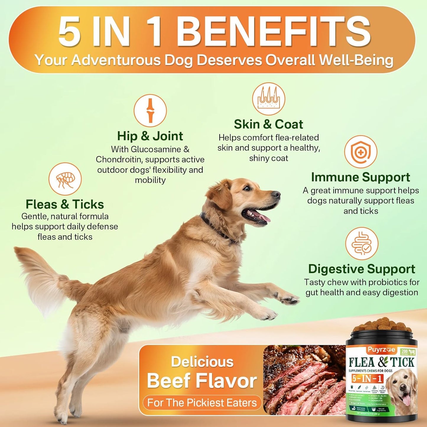 5-in-1 Dog Flea and Tick Treatment Chewable, Natural Flea and Tick Prevention for Dogs Chewable - Flea & Tick | Hip & Joint | Skin & Coat | Immunity Support | Digestive for All Breeds & Sizes
