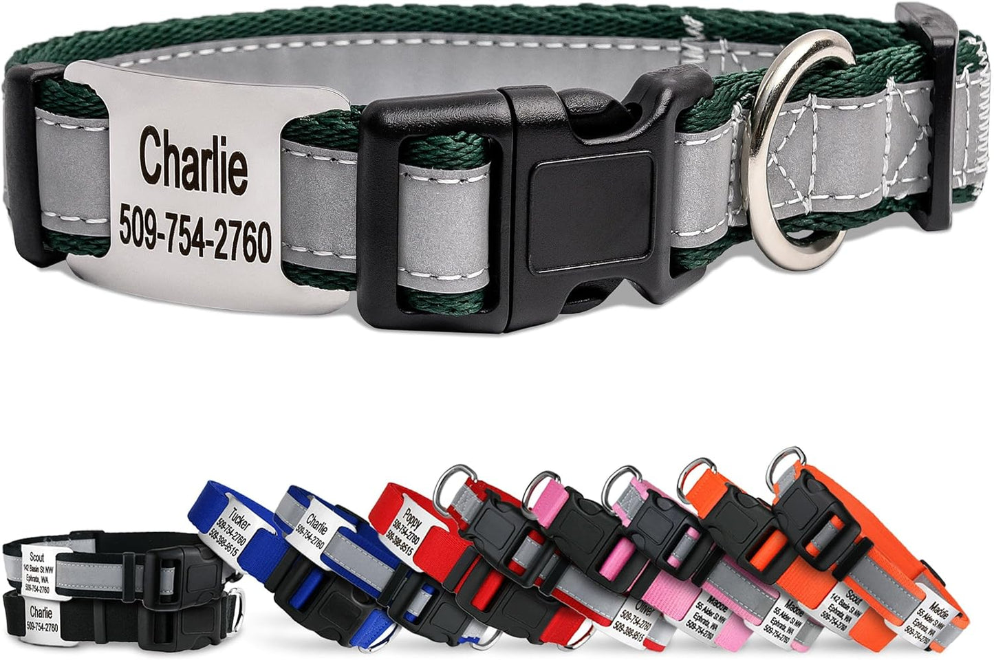 GoTags Reflective Personalized Dog Collar with Nameplate, Adjustable Dog Collar with Custom Engraved Steel Slide On Pet ID Tag, Silent, No Noise Dog Tag for Large Medium or Small (Hunter Green, Large)