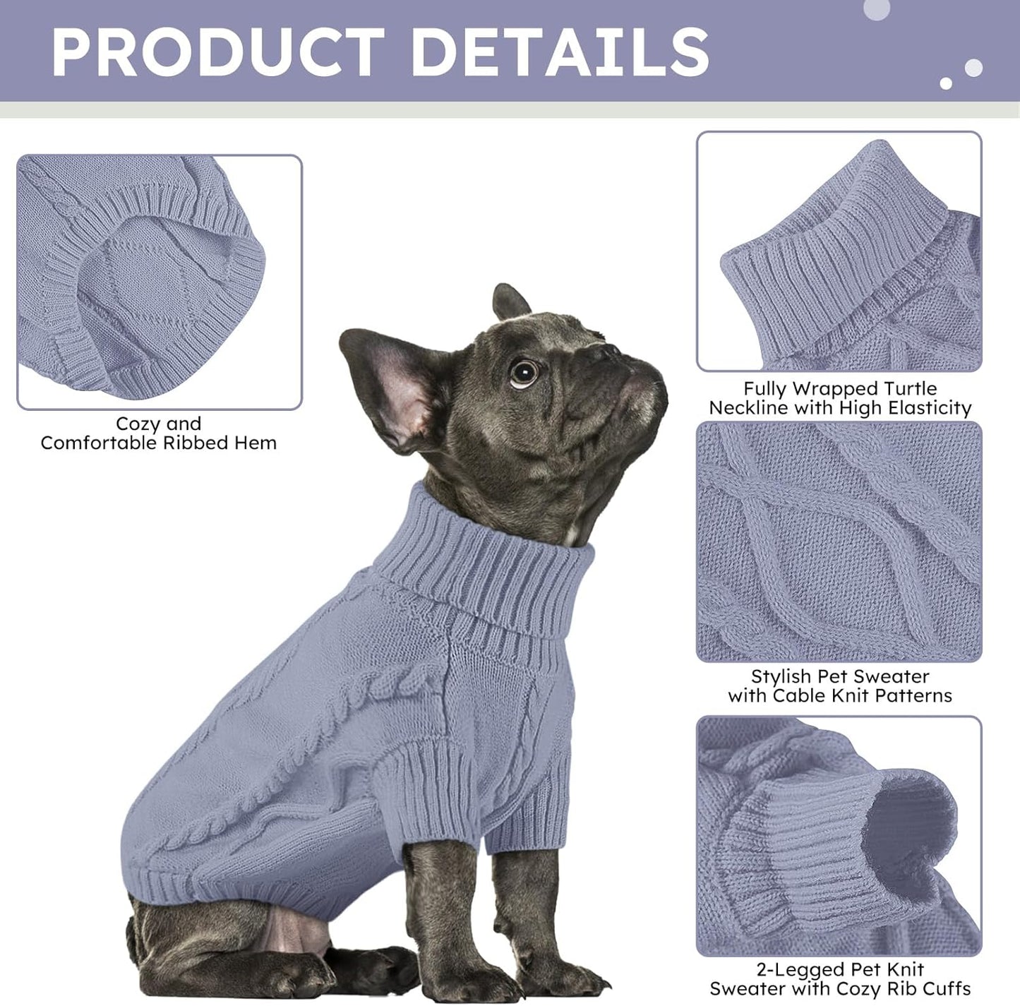 Queenmore Small Dog Pullover Sweater, Cold Weather Cable Knitwear, Classic Turtleneck Thick Warm Clothes for Chihuahua, Bulldog, Dachshund, Pug, Yorkie (Grey, Medium)