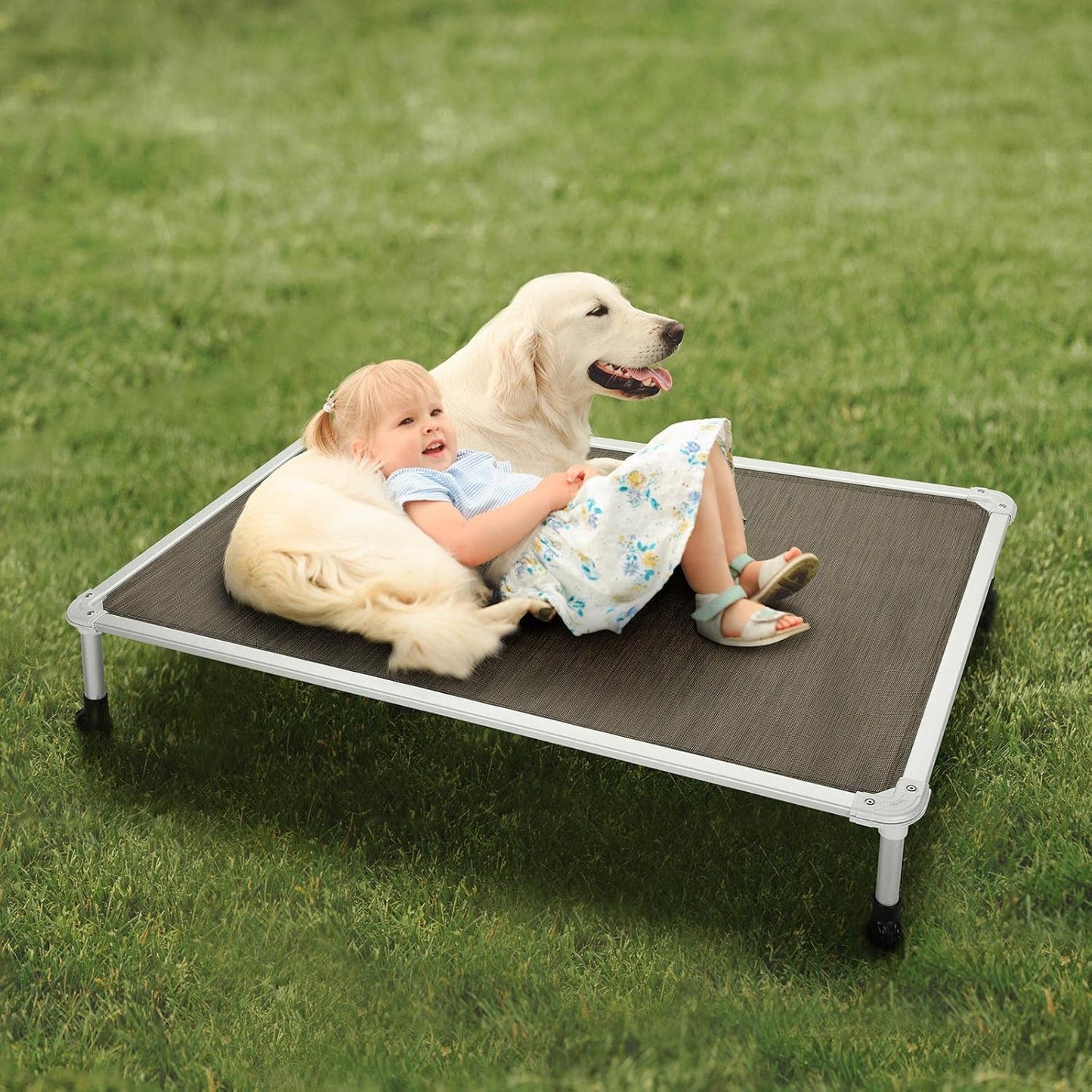 Veehoo Chew Proof Elevated Dog Bed - Cooling Raised Pet Cot - Silver Aluminum Frame and Durable Textilene Mesh Fabric, Unique Designed No-Slip Feet for Indoor or Outdoor Use, Brown, X-Large, CWC2003