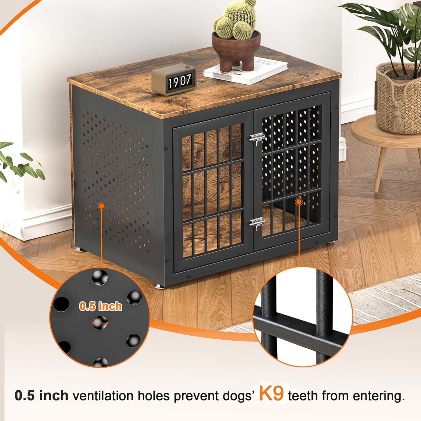 32" Heavy Duty Dog Crate Furniture for Small and Medium Dogs, Metal Kennel for High Anxiety Dogs, Chew Proof Pet Cage Indoor, Decorative Dog Kennel End Table