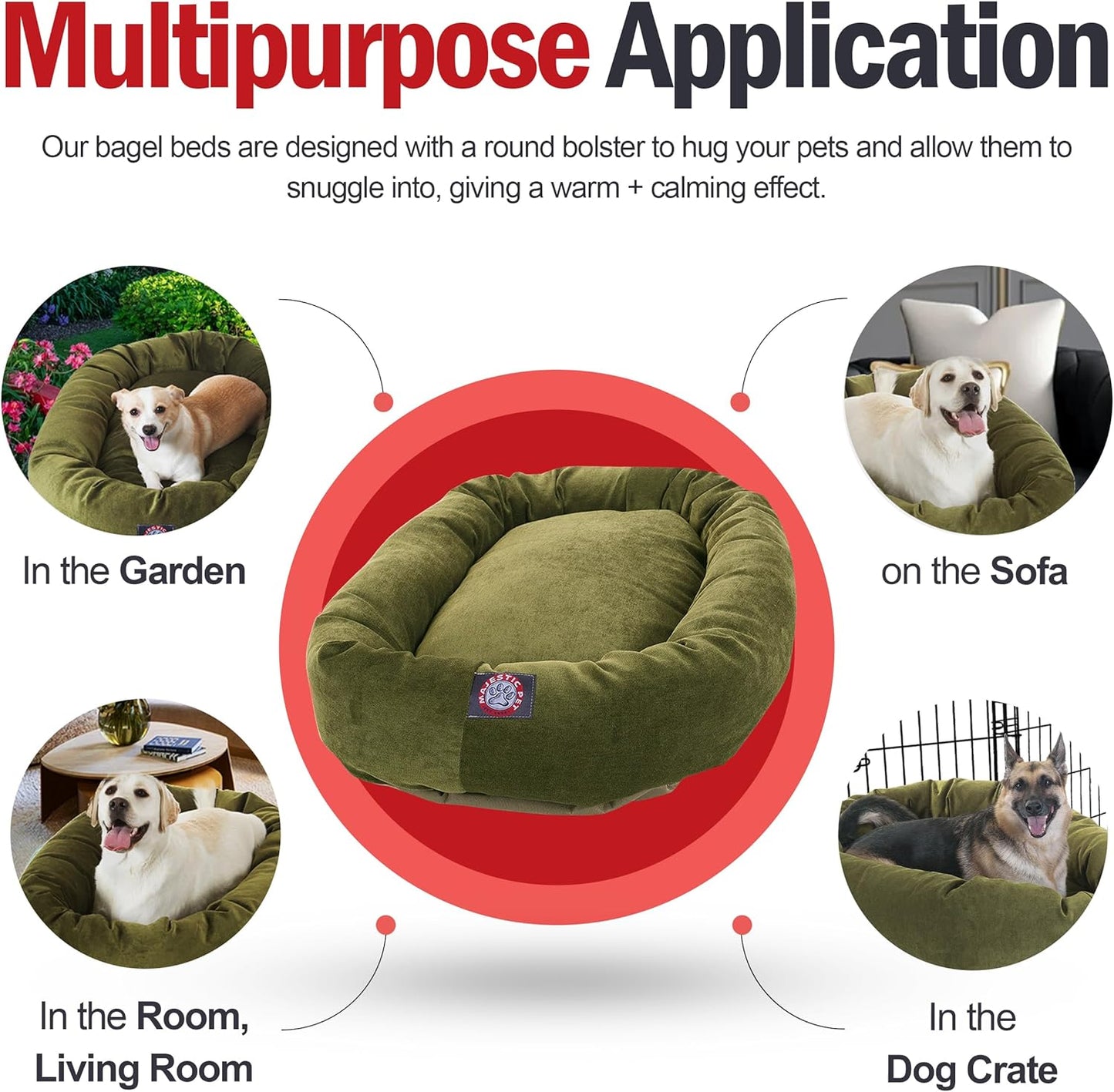 Majestic Pet 32 Inch Micro Velvet Calming Dog Bed Washable 32x23x7 (inch) – Cozy Soft Round Donut Dog Bed with Spine for Head Support - Pet Bed Medium – Fern (2025)