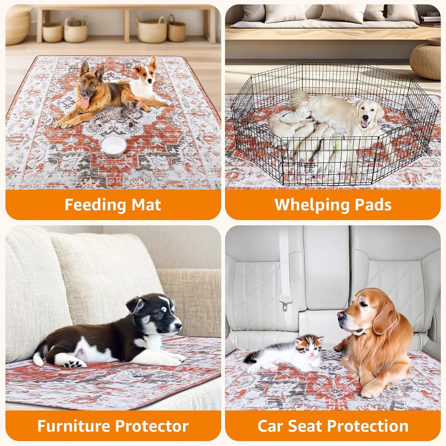 LOOBANI Reusable Pee Pads for Dogs, 2 Pack Super Absorbent Washable Puppy Pee Pads, Waterproof Non-Slip Whelping Pad for Floor Playpen Crate Couch-18 x24 (Red-Orange)