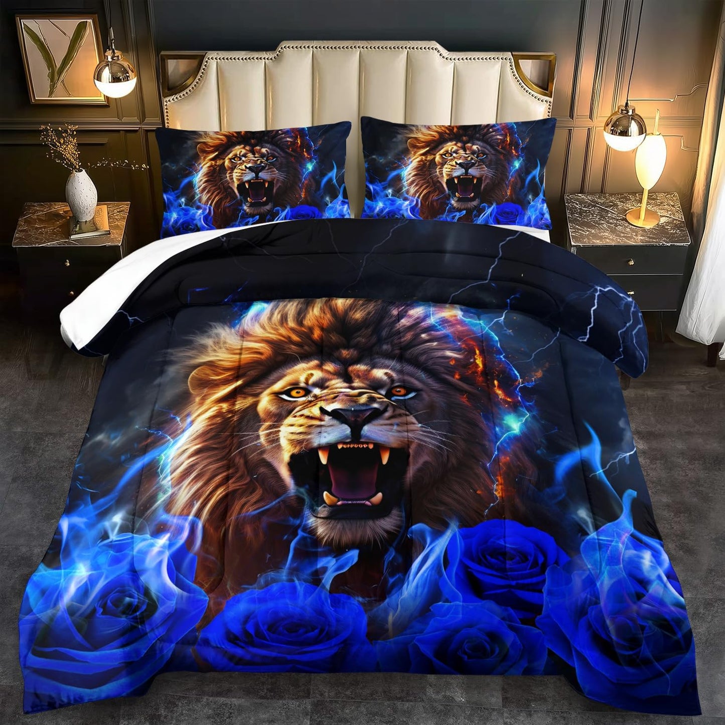 Lion Blue Comforter Set King,Lion Bedding Set Boys,Animal Print Comforter Bedroom Decor for Home,Vintage Floral Quilt,Blue Flower Bedding Adult,Tiger Quilt Bed Decor Teen