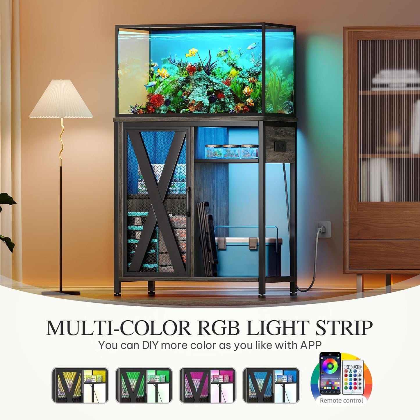 YITAHOME Fish Tank Stand with Power Outlets & LED Light, 20-29 Gallon Metal Aquarium Stand with Cabinet for Fish Tank Accessories Storage for Turtle Tank, Reptile Terrarium, 350LBS Capacity, Grey