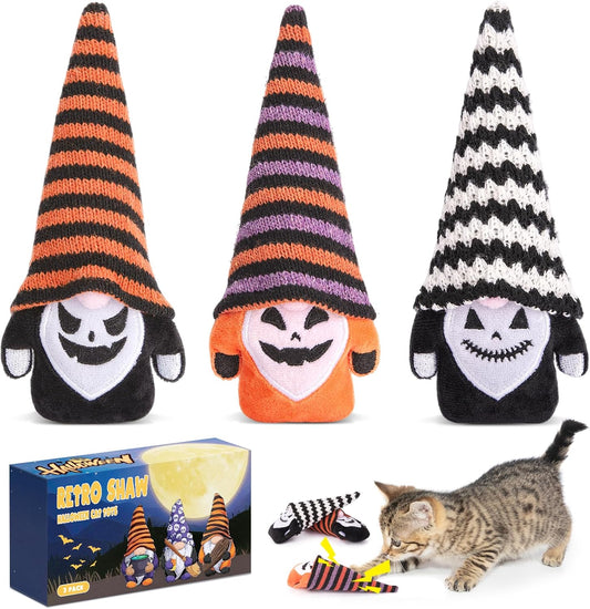 Retro Shaw Halloween Cat Toys Gnomes, 3Pcs Crinkle Sound Catnip Toys for Indoor Cats Kitten, Interactive Cat Nip Chew Kicker Kitty Toy for All Pet Breeds