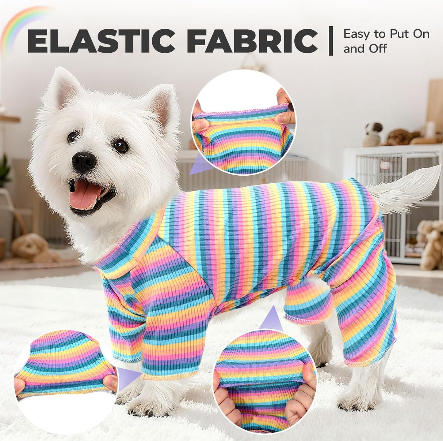 BAEJMJK Striped Dog Pajamas Stretchy Cute Four-Legged Boy Girl Dog Clothes with Sleeves Comfortable Dogs Jumpsuit Colorful Pet Puppy Outfits Apparel for Small Medium Dogs Cats(Pink,Pink,Medium)