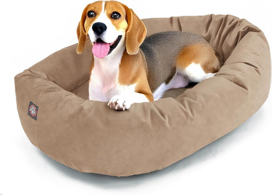 Majestic Pet 32 Inch Suede Shredded Memory Foam Mix Calming Medium Dog Bed Washable 32 x 23 x 7 (Inch) - Cozy Soft Round Donut Dog Bed with Spine for Head Support - Pet Bed Stone