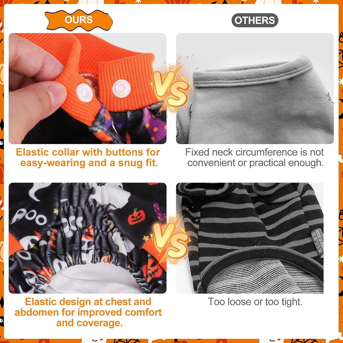 BEAUTYZOO Dog Halloween Pajamas Small Sized Dog, Fleece Funny Ghost Pumpkin Costumes for Dogs, Soft Stretchable Doggy Onesie with Feet, Pet Apparel Clothes for Small Dogs Boy Girl, Black S