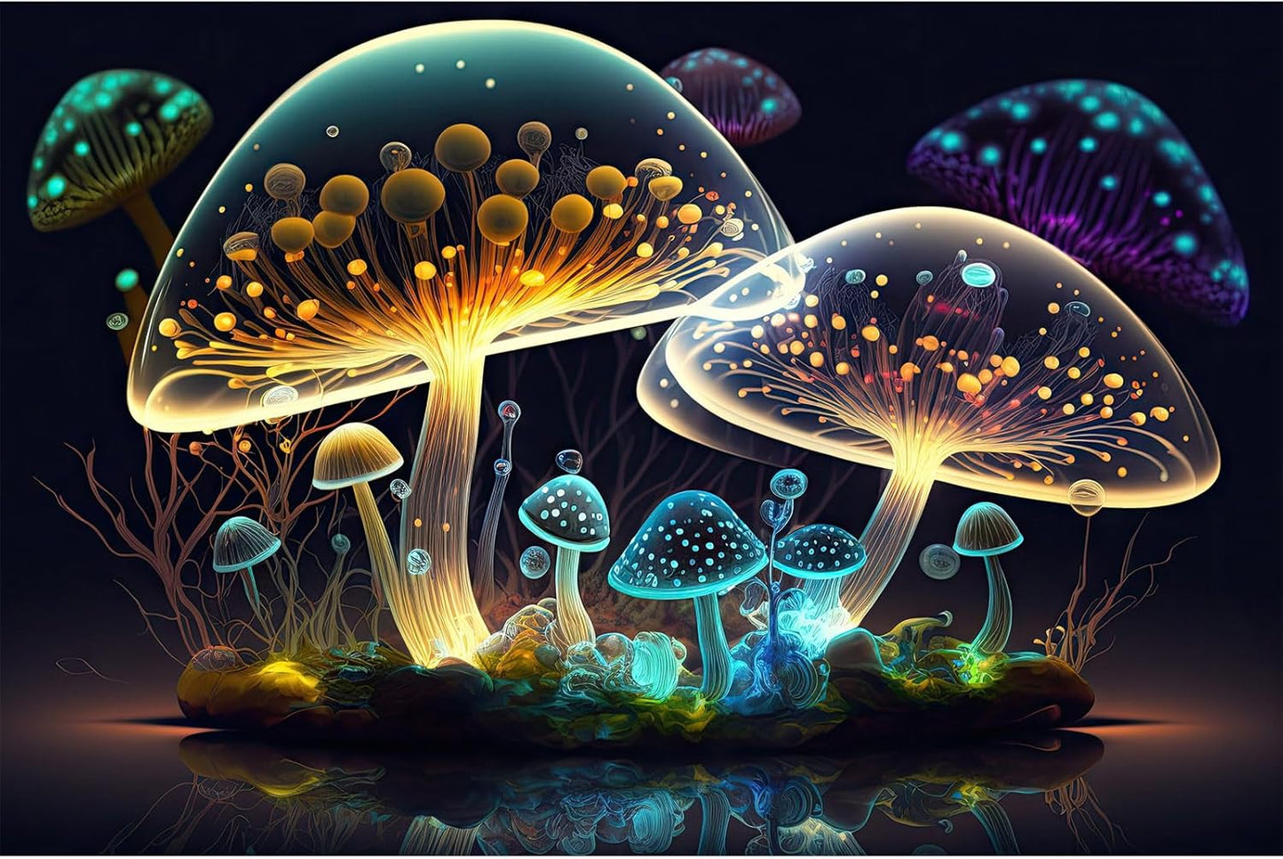 Mushroom Aquarium Background Abstract Glowing Fantasy Mushrooms Terrarium Background Mysterious Forest Magical Night In Circle Shape Crystal Glass Fish Tank Backdrop Decorations Vinyl 72x16in