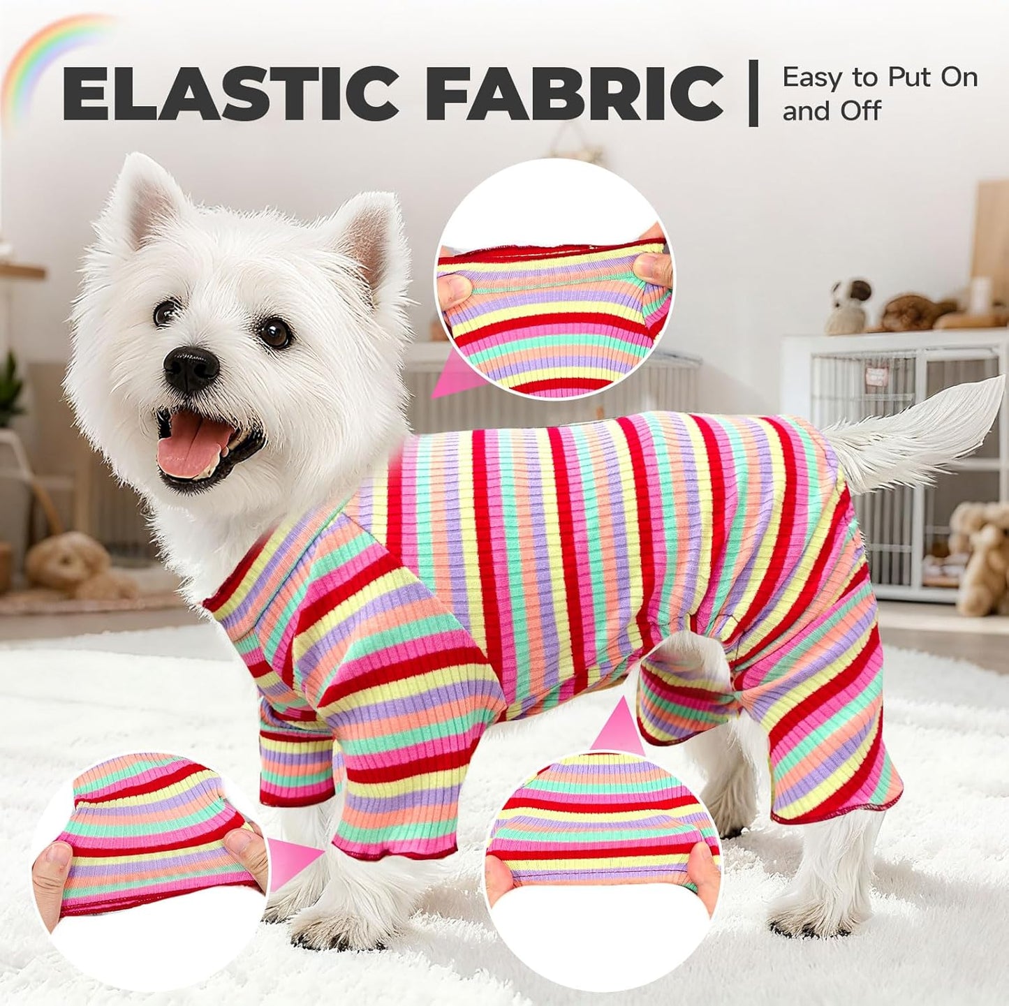 BAEJMJK Striped Dog Pajamas Stretchy Cute Four-Legged Boy Girl Dog Clothes with Sleeves Comfortable Dogs Jumpsuit Colorful Pet Puppy Outfits Apparel for Small Medium Dogs Cats(Red,Small)