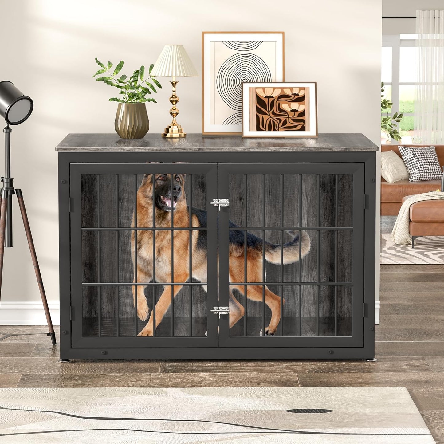48" Heavy Duty Dog Crate Furniture for Extra Large Dogs, Metal Cage for High Anxiety Dogs, Wooden Kennel Furniture Indoor, Decorative Dog Kennel End Table, XL