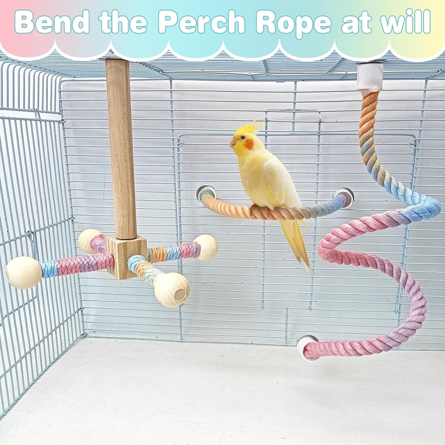 BNOSDM Bird Rope Perch with Stand Perch Toy Set Bendable Rope Perches Wooden Spinning Exercise Wheel Toy Parrot Cage Accessories for Parakeets, Conures, Lovebirds, Budgies, Cockatiels (Rainbow Color)