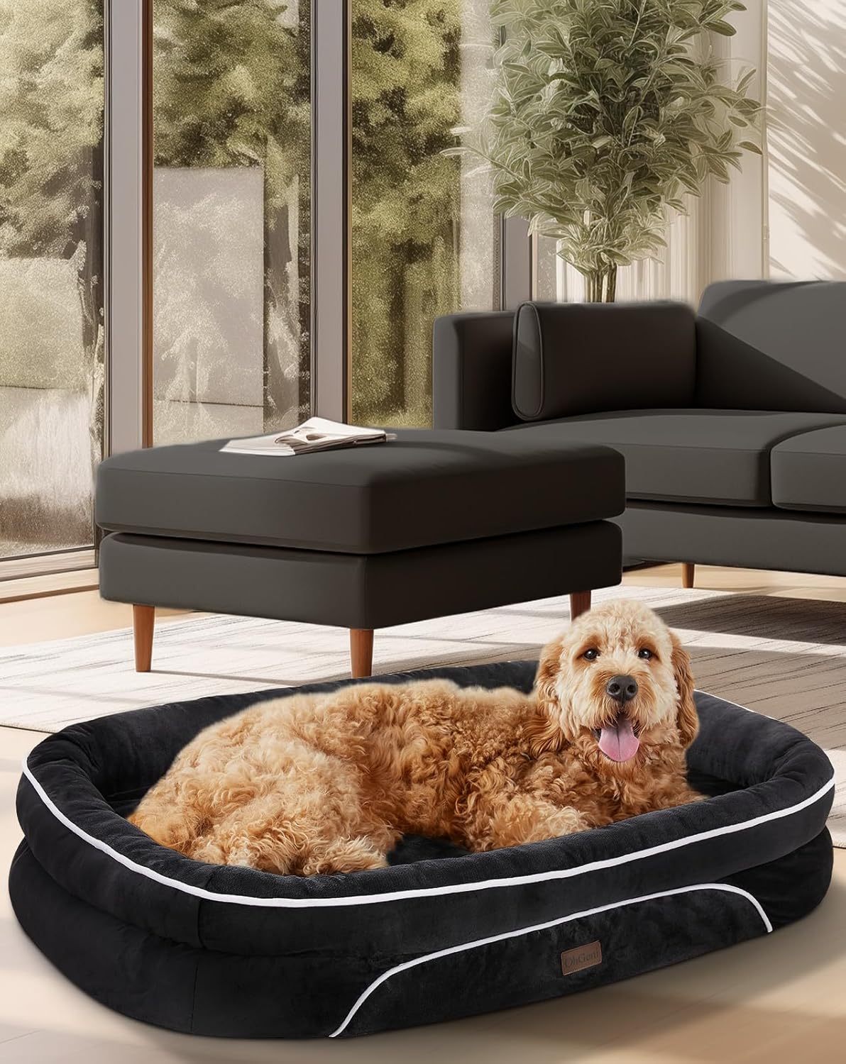 OhGeni Orthopedic Jumbo Dog Couch Pet Sofa XL Sized Cat Beds with Comfort Foam Support, Soft Comfortable Fabric, Machine Washable Waterproof Removable Cover, 42-Inch (Black)