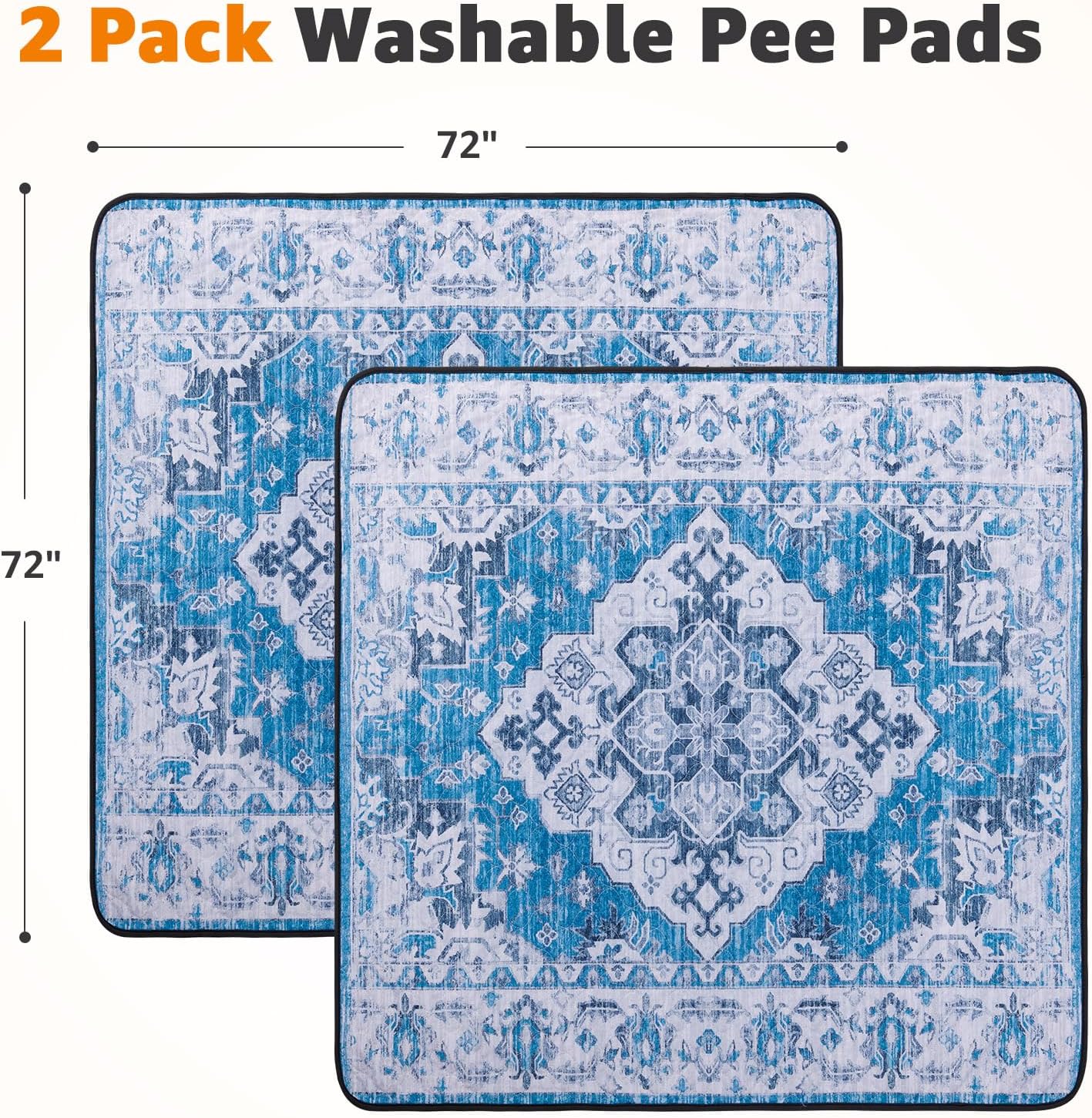 LOOBANI Washable Pee Pads for Dogs, 2 Pack Super Absorbent Reusable Puppy Pads Leakproof Dog Traning Pads, Waterproof Non-Slip Whelping Pad for Floor, Playpen, Crate, Couch-72 x72 (Blue)