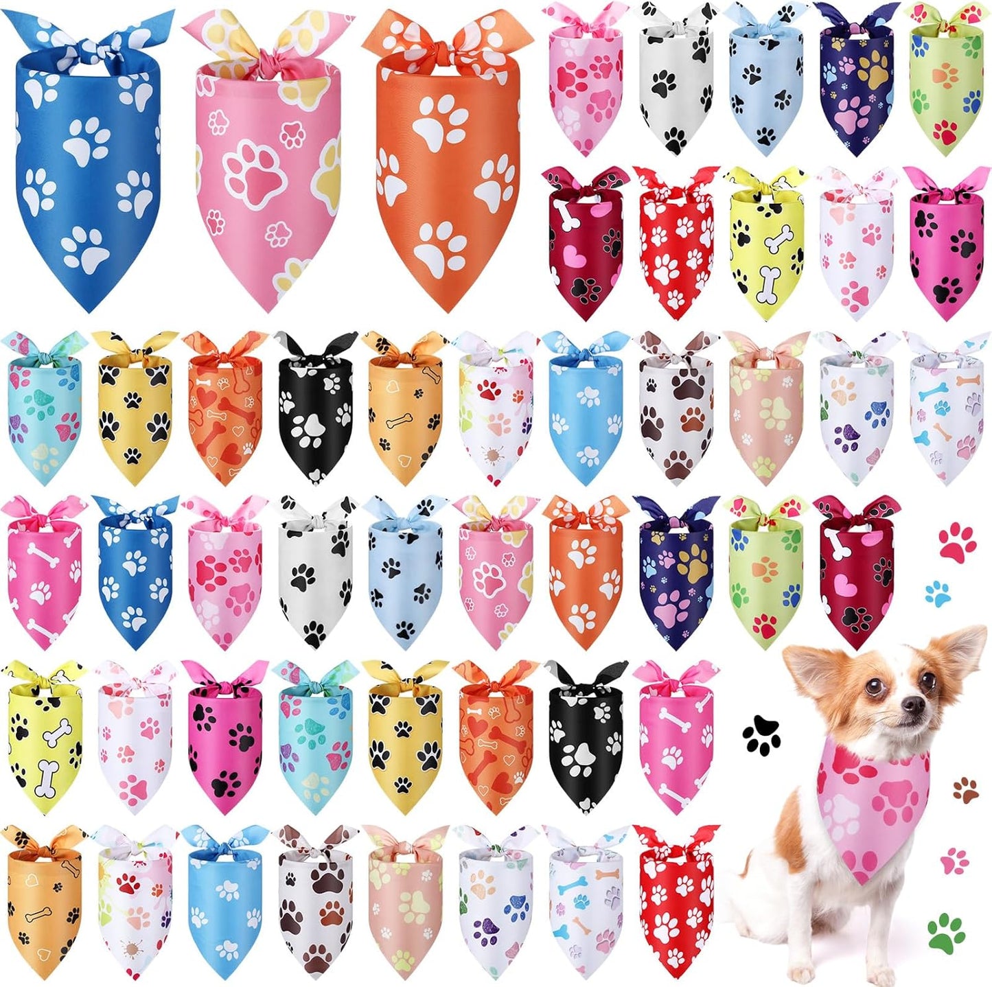 Abbylike 50 Pcs Paw Print Dog Bandanas Bulk Cute Footprint Bandanas for Dogs Triangle Kerchief Bib Scarf for Pets Halloween Party Costume Photo Props Daily Accessories Pet Shops (25.6 x 17.7 x 17.7)