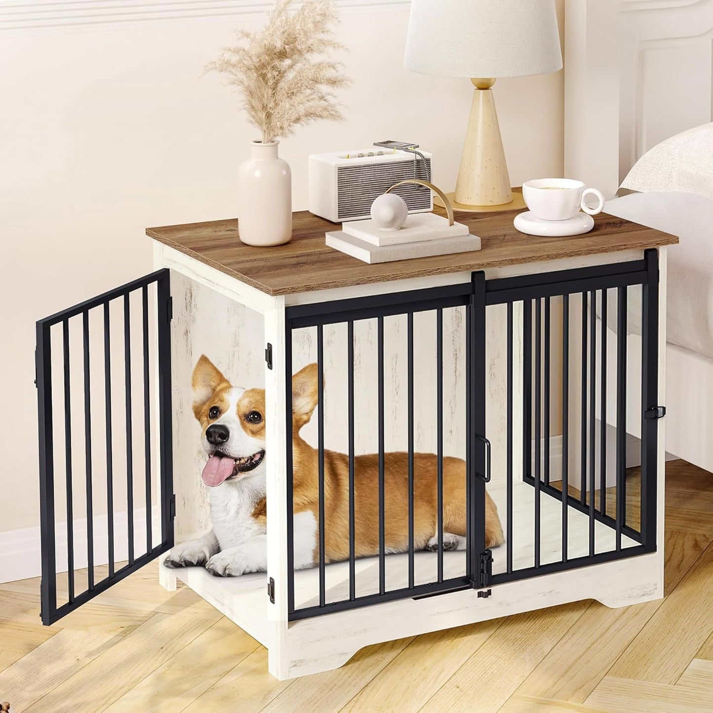 31.9" Dog Crate Furniture with Barn Door, Heavy Duty Dog Kennel Indoor with 2 Doors, Wooden Pet Cage End Table for Small Medium Dogs up to 44 lb, Anti-Chew Anti-Escape, White Brown DFC83614B