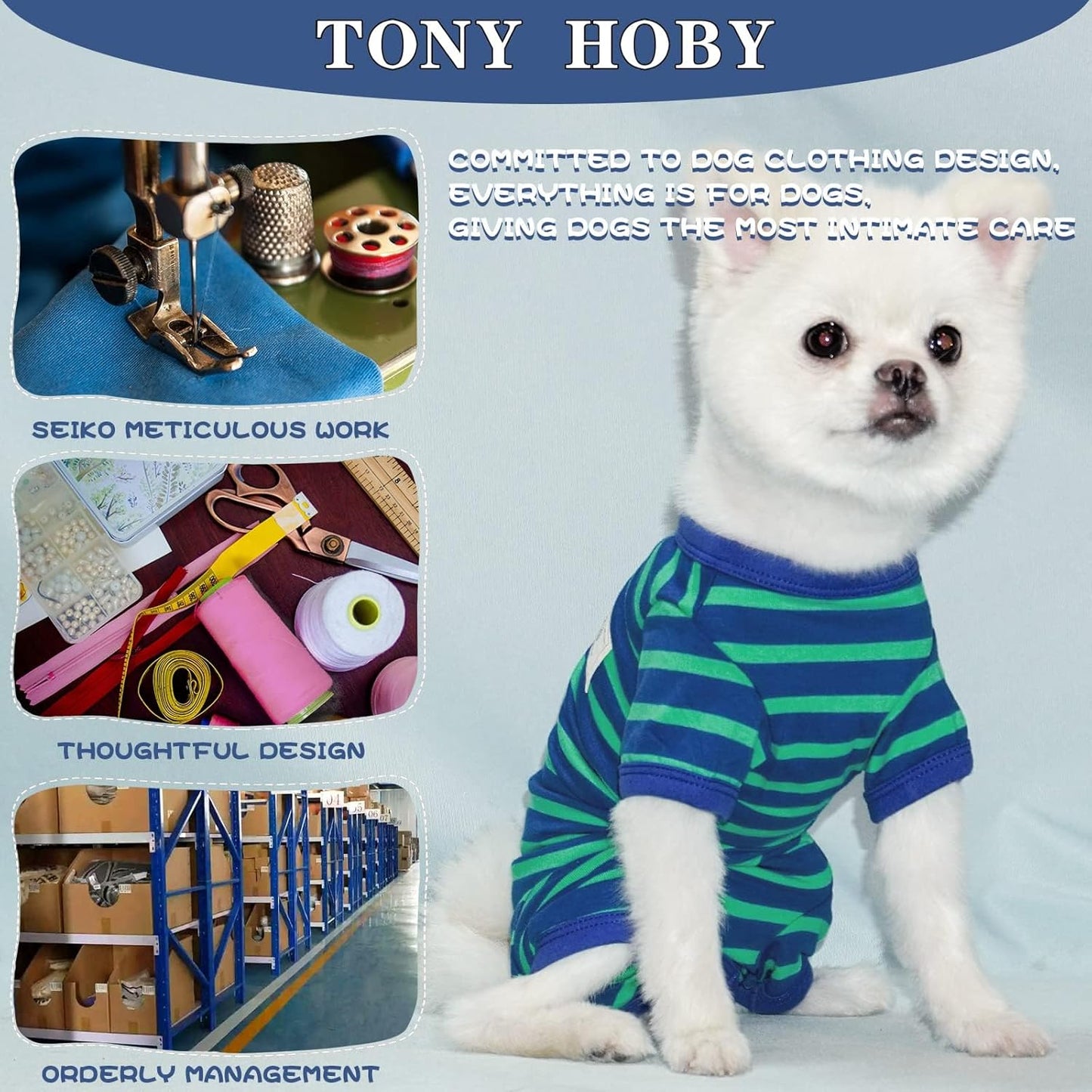 TONY HOBY Dog Pajamas for Female/Male, Dog Jumpsuit with Stripes for Small Medium Dogs, Soft and Comfortable 4 Legged Pajamas Dogs Clothes (Blue&Green, Boy, M)