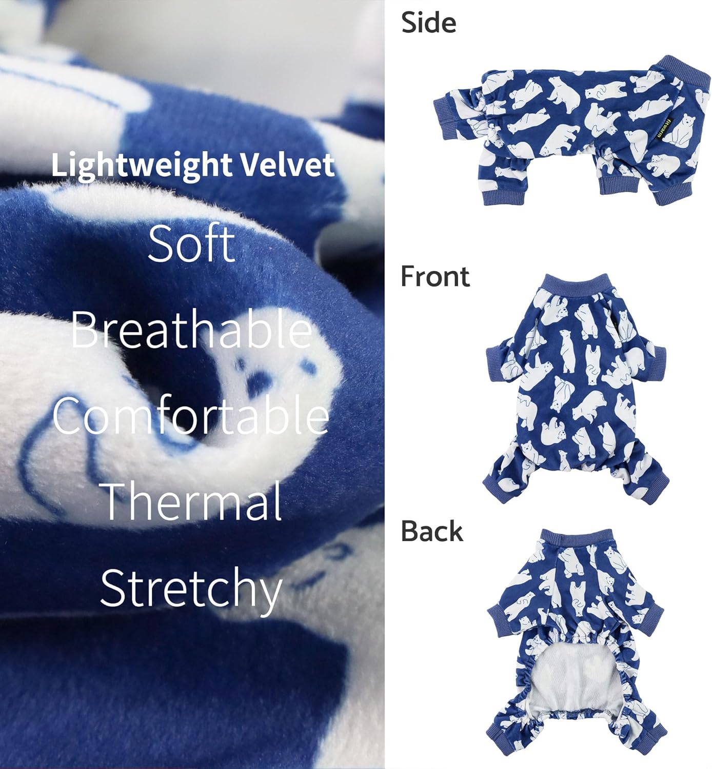 Fitwarm Polar Bear Dog Pajamas, Dog Clothes for Small Dogs Girl Boy, Pet Onesie with Feet, Cat Outfit, Lightweight Velvet, Royal Blue, White, Large