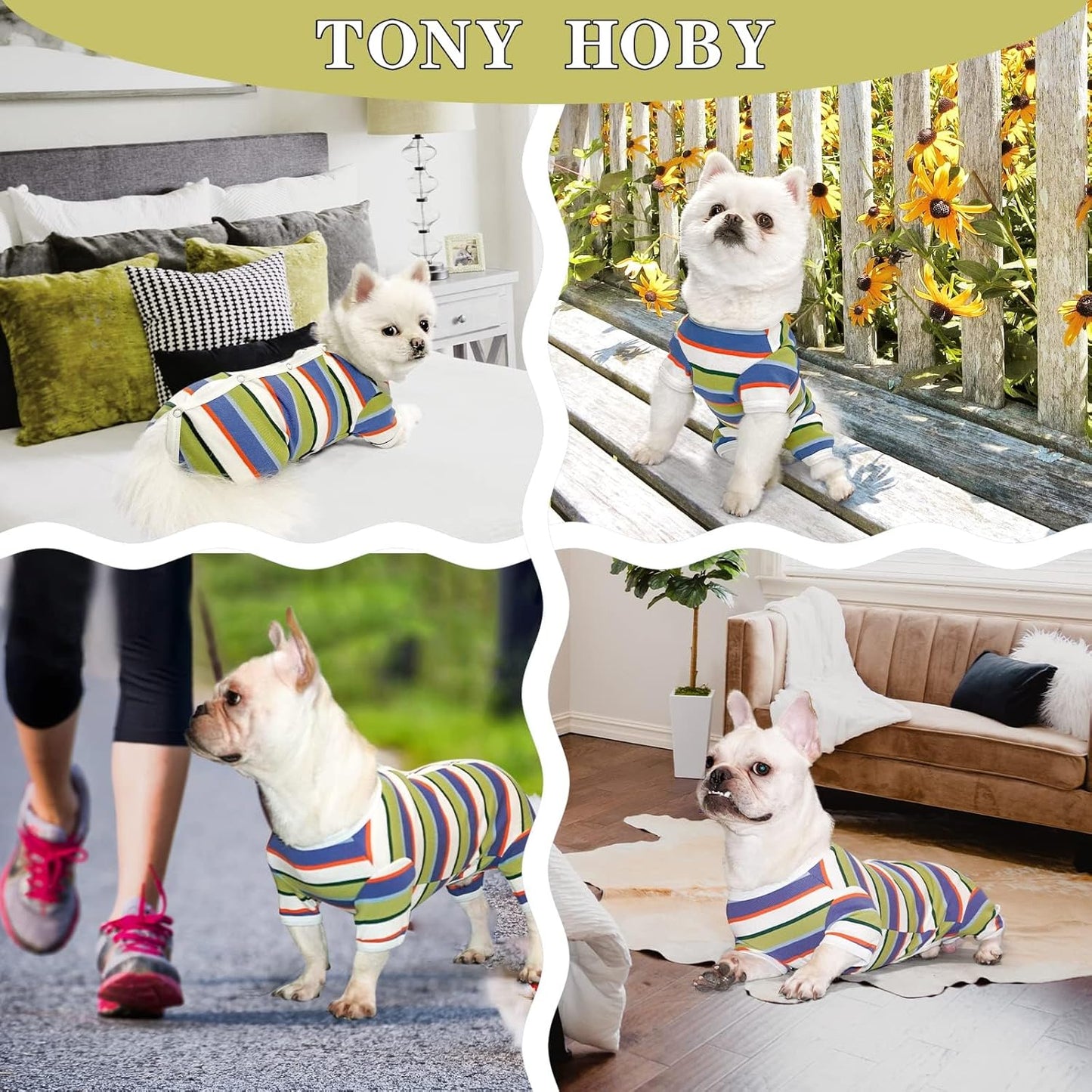 TONY HOBY Dog Pajamas, Dog Jumpsuit, Colorful Dogs Shirt, Dogs Surgery Recovery Suit for Small Medium Breeds (Blue&White, Boy, L)