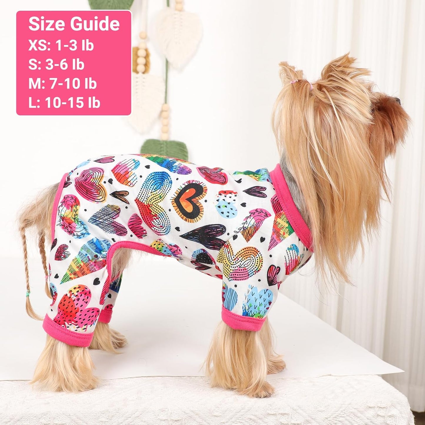 Dog Pajamas Small Sized Dogs Stretchable Summer Dog Clothes Pjs 4 Legs Girl Boy Cute Soft Puppy Outfits Doggie Cat Jammies Jumpsuit Sleeper for Pet (Love Heart, Small)