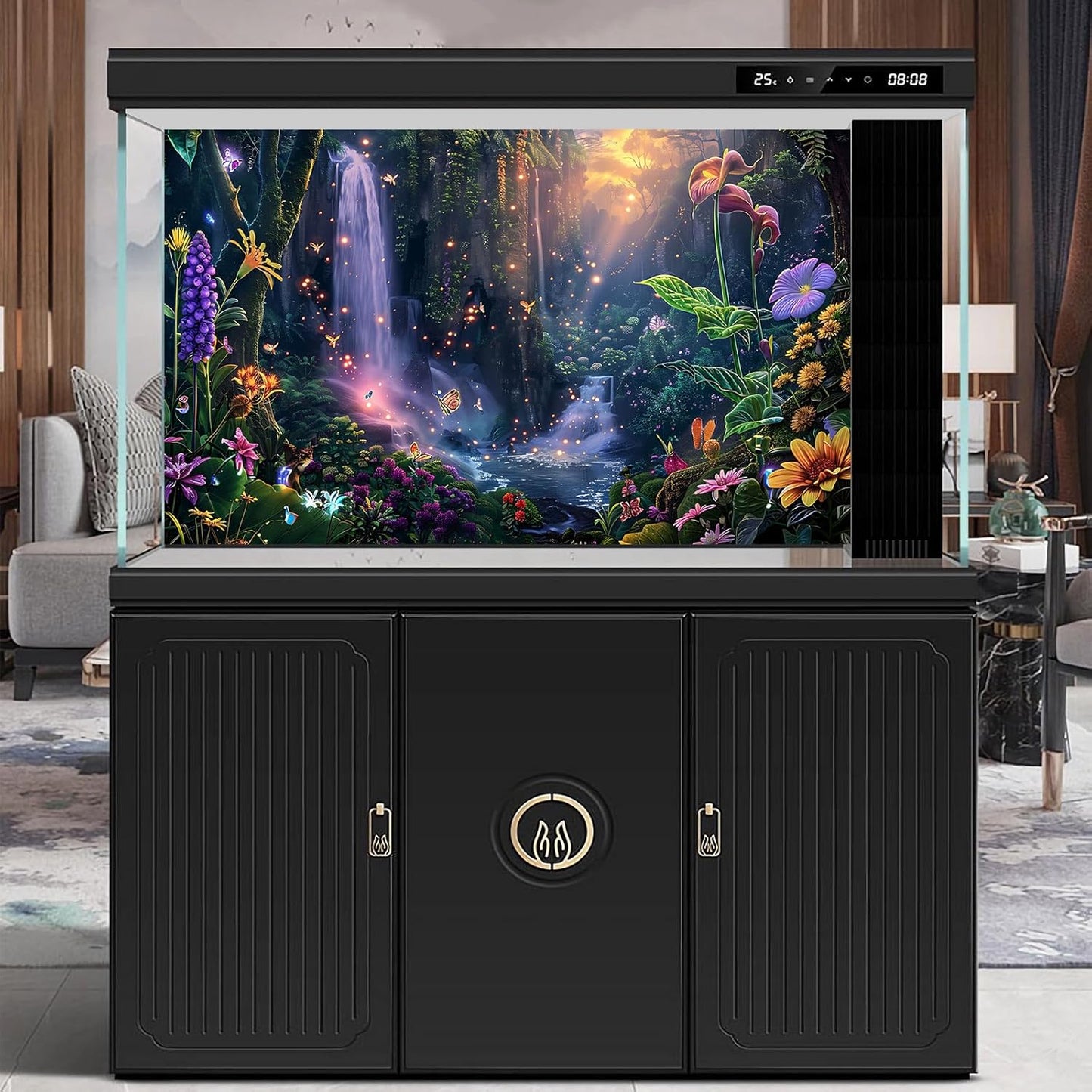 Fantasy Garden Aquarium Background Sunset Waterfall and Flowers Terrarium Backdrop Tropical Forest Lush Plant Magic Butterfly Lights Flowers Fish Tank Background Poster Decorations 30x18in