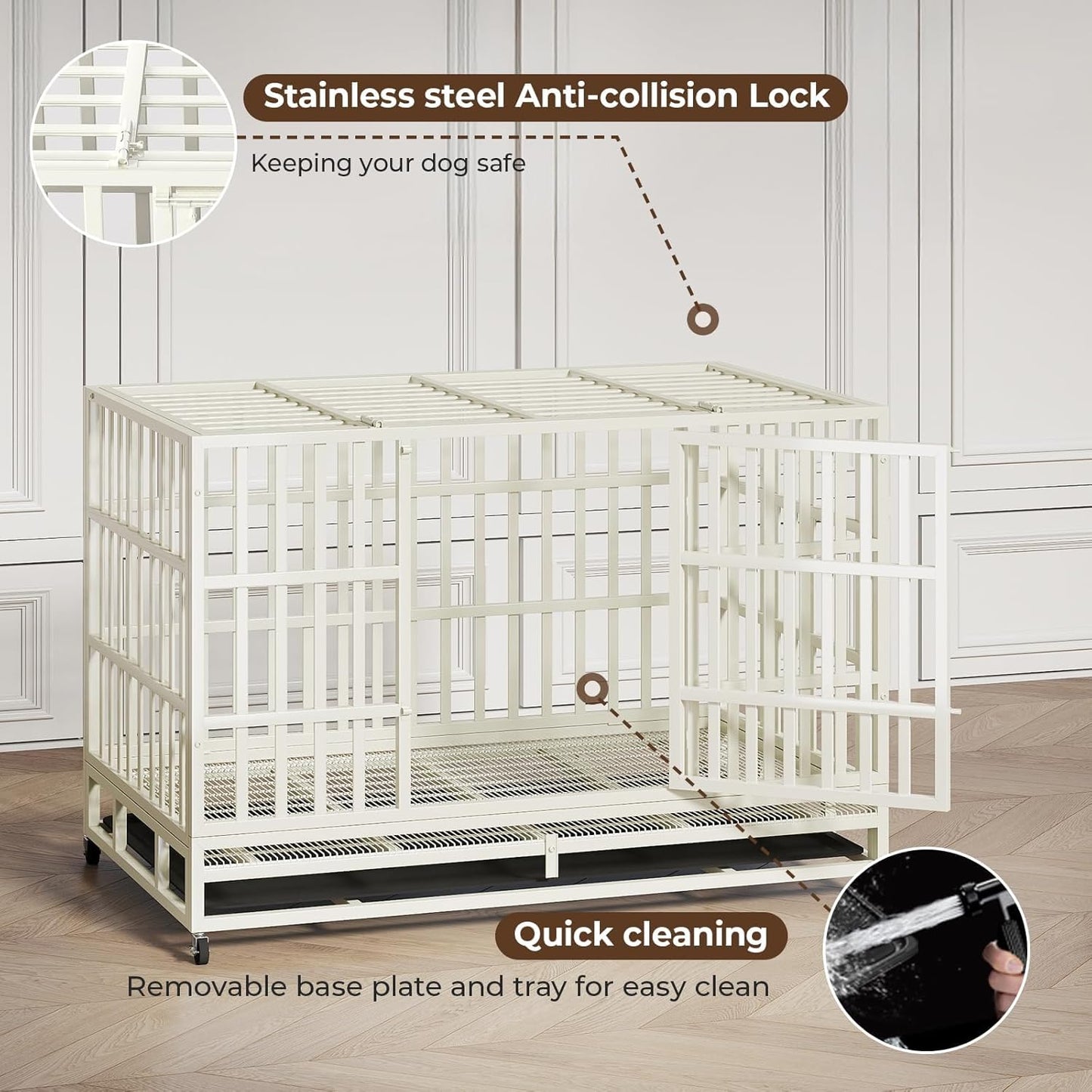 48 Inch Heavy Duty Dog Crate Steel Escape Proof, Indoor Double Door High Anxiety Cage Removable Tray, Extra Large,White