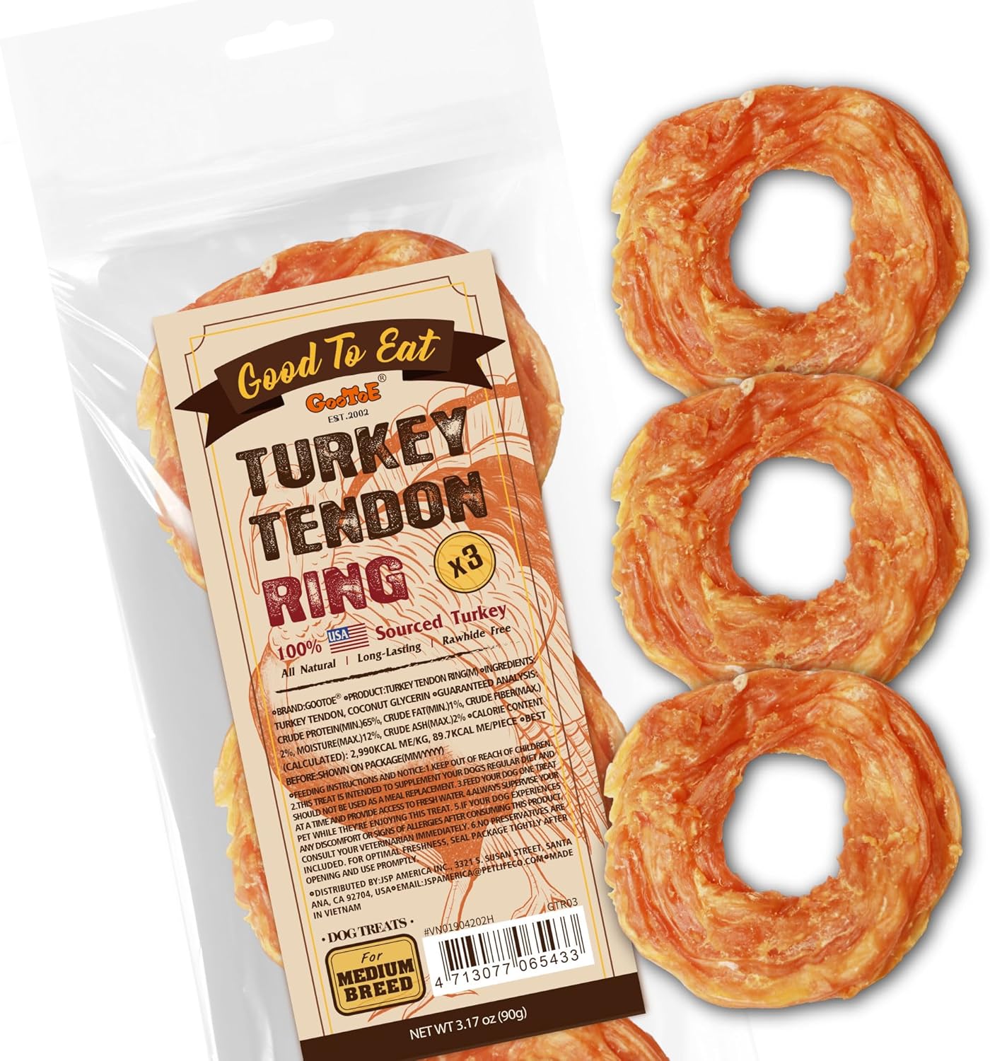 Gootoe Turkey Tendons for Dogs –All-Natural, Hypoallergenic Dog Treats, Rawhide Alternative, Long Lasting Puppy Chews, Healthy Dog Treats for Medium Breeds, Ring (M), 3 Count Pack
