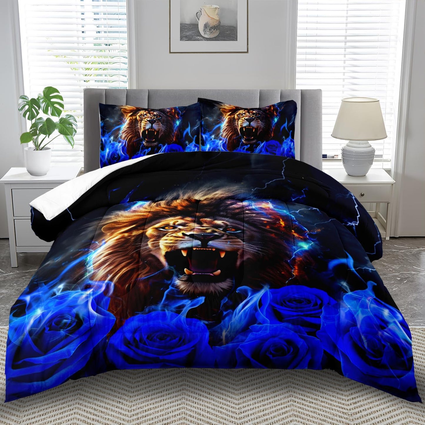 Lion Blue Comforter Set Full,Lion Bedding Set Boys,Animal Print Comforter Bedroom Decor for Home,Vintage Floral Quilt,Blue Flower Bedding Adult,Tiger Quilt Bed Decor Teen