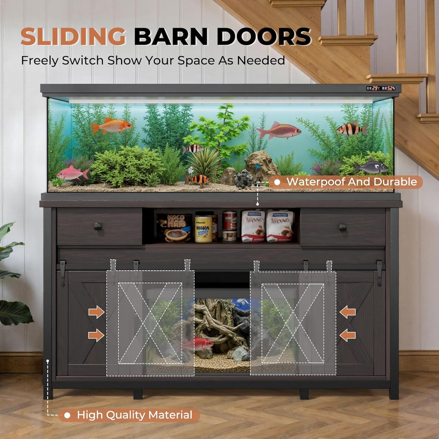 Miereirl 75-120 Gallon Fish Tank Stand with Power Outlet – Heavy Duty Aquarium Stand, Rustic Farmhouse Style, 1000 lb Capacity, Adjustable Storage & Sliding Barn Doors, Dark Brown