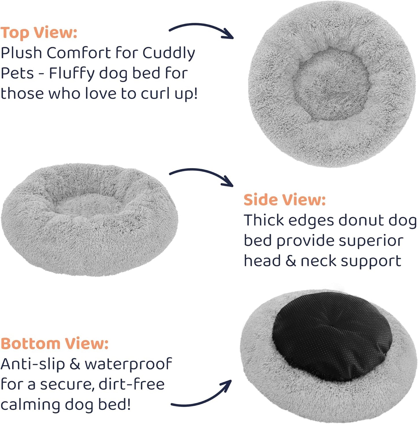 Donut Dog Bed - Premium Comfort for Anxiety Relief - Fluffy & Calming Design with Ultra-Plush Support | Cozy Round Dog Bed with Super Soft Circle Style (Size L Grey)