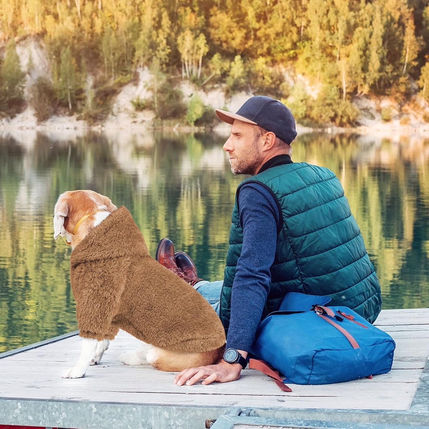 Fuzzy Dog Hoodie Dog Sweaters for Large Dogs Soft Double-Sided Plush Fleece Pet Sweater Pet Clothes Coats Hoodie Sherpa Hooded Sweatshirt(Coffee-L)