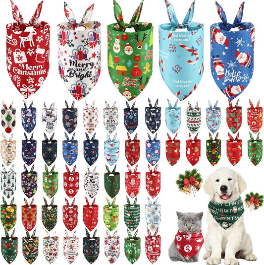 Abbylike 50 Pcs Christmas Dog Bandanas Bulk Pet Scarfs Triangle Bibs Adjustable Washable Puppy Kerchief Seasonal Pet Costume Accessories Grooming Supplies for Small Medium Large Dogs Cats