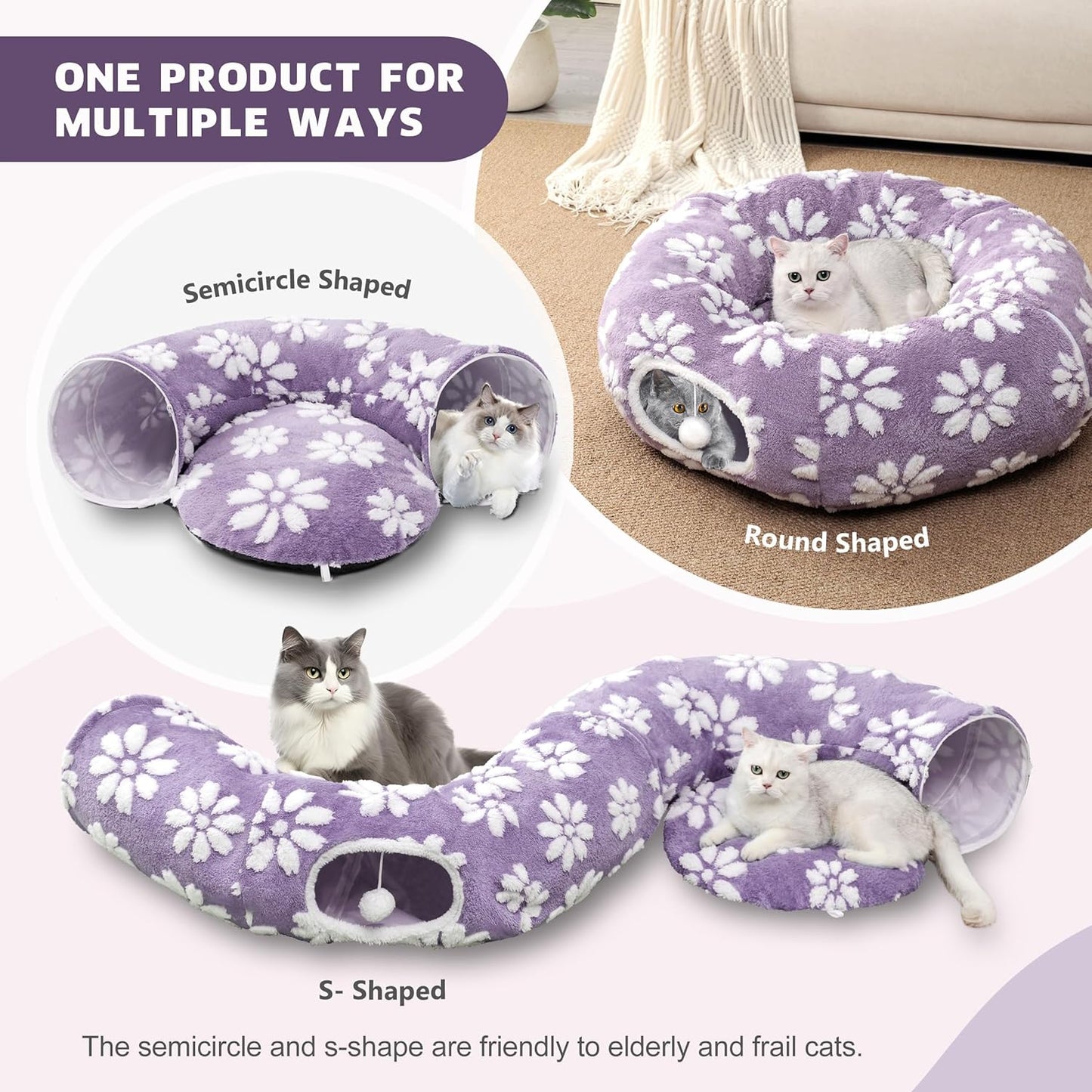 Cat Tunnel for Indoor Cats, Cute Peekaboo Cat Cave with Dangling Balls, Pet Donut Tunnel Bed with Circle Mat for Puppy Kitten Rabbit, Purple