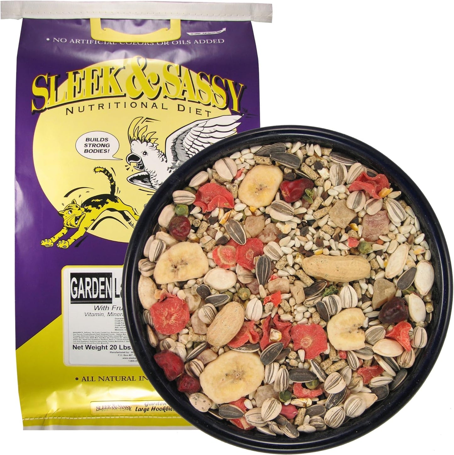 SLEEK & SASSY Garden Large Hookbill Parrot Food for Large Conures, Amazons, African Greys, Cockatoos, Pionus-Parrots & Small Macaws (20 lbs.)