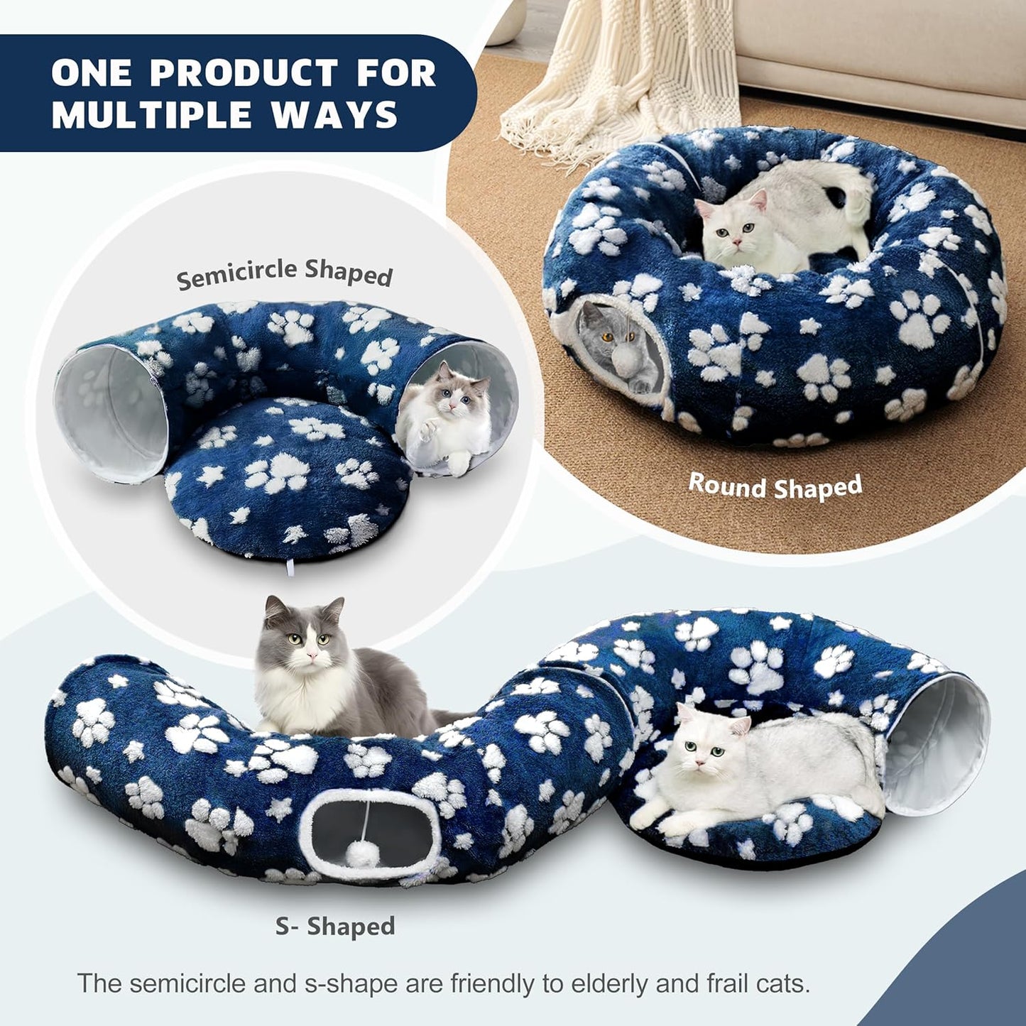 Cat Tunnel for Indoor Cats, Cute Peekaboo Cat Cave with Dangling Balls, Pet Donut Tunnel Bed with Circle Mat for Puppy Kitten Rabbit, Blue Paw