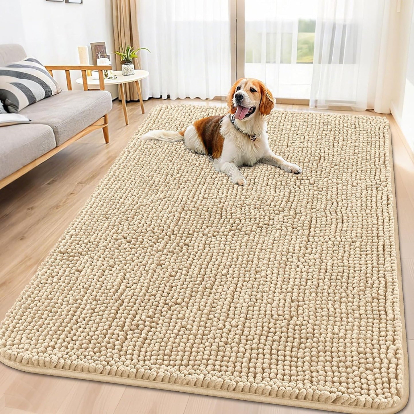 Smiry Dog Door Mat for Muddy Paws 70x32, Absorbs Moisture and Dirt Doormat, Non-Slip Washable Quick Dry Chenille Front Door Mat Indoor Entrance, Entryway Carpet for Inside Floor, Beige
