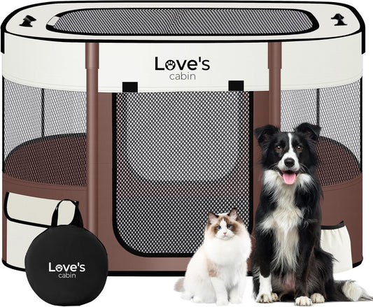 Love's cabin Pet Puppy Dog Playpen, Small Dog Tent Crates Cage Indoor/Outdoor, Portable Exercise Playpen for Cat, Foldable Pop Up Dog Kennel Playpen with Carring Case (S, Brown)