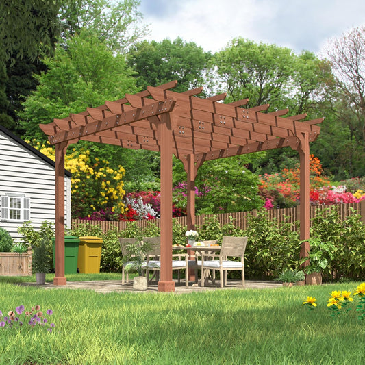 MUPATER 12×12 FT Outdoor Pergola with Roof, Wooden Pergola Kit with Stakes, Wood Garden Shelter Structure for Climbing Plant, Snow and Wind Supported, Shade for Patio, Backyard, Deck