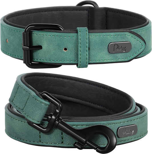Didog Soft Padded Leather Dog Collar and Leash Set, Adjustable 4FT Faux Leather Dog Leash and Collar Set with Metal Buckle for Small Medium Large Dogs, Green, L