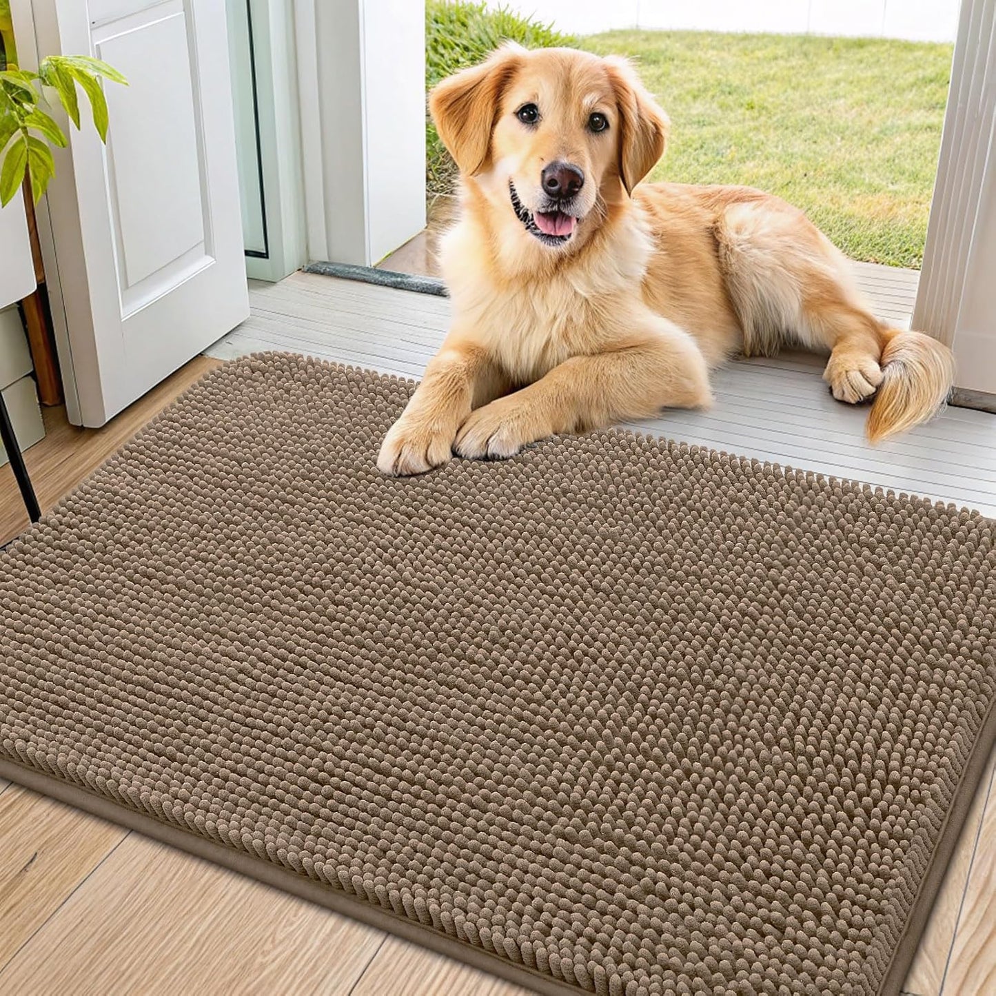Smiry Dog Door Mat for Muddy Paws 36x24, Absorbs Moisture and Dirt Doormat, Non-Slip Washable Quick Dry Chenille Front Door Mat Indoor Entrance, Entryway Carpet for Inside Floor, Camel